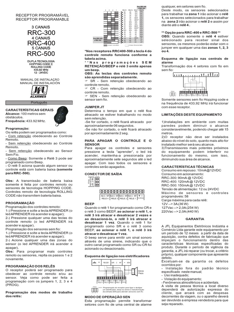 JFL Download Receptores Manual RRC 400 PDF Relé Sem fio