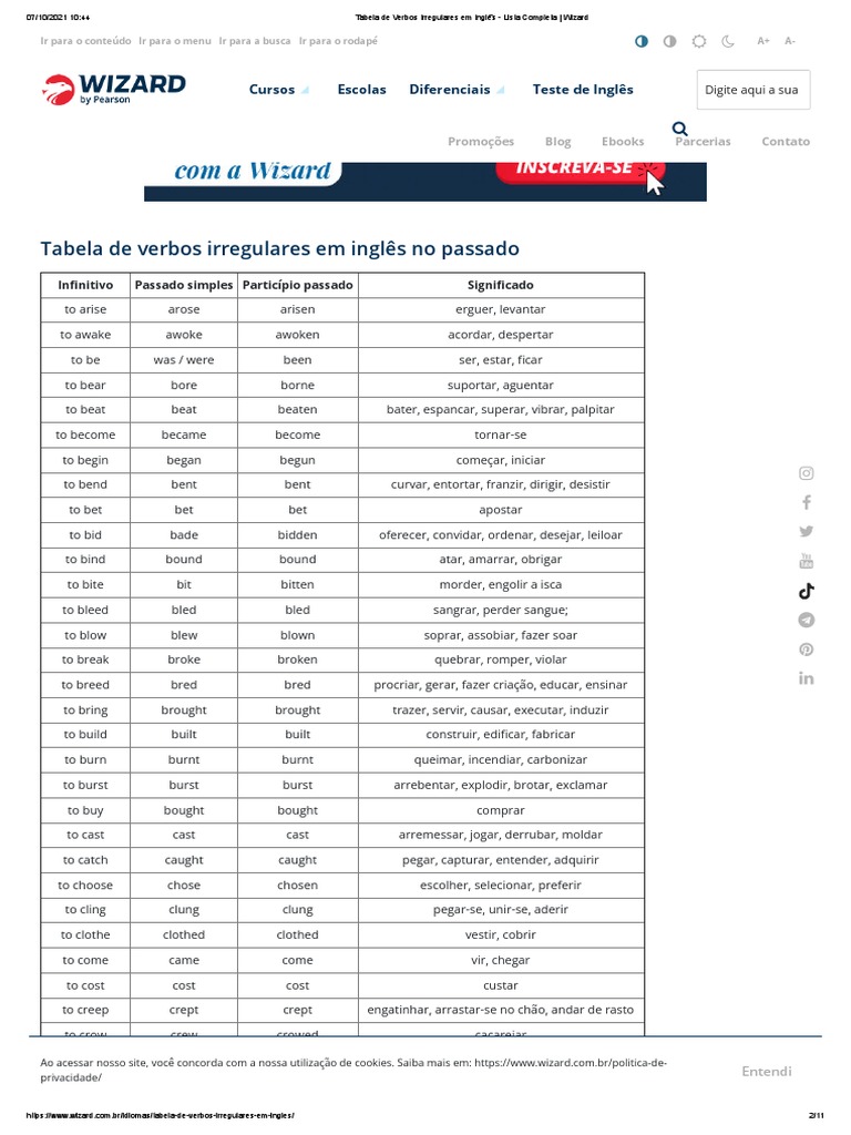 Tabela Completa de Verbos Irregulares | PDF | Internet | Privacidade