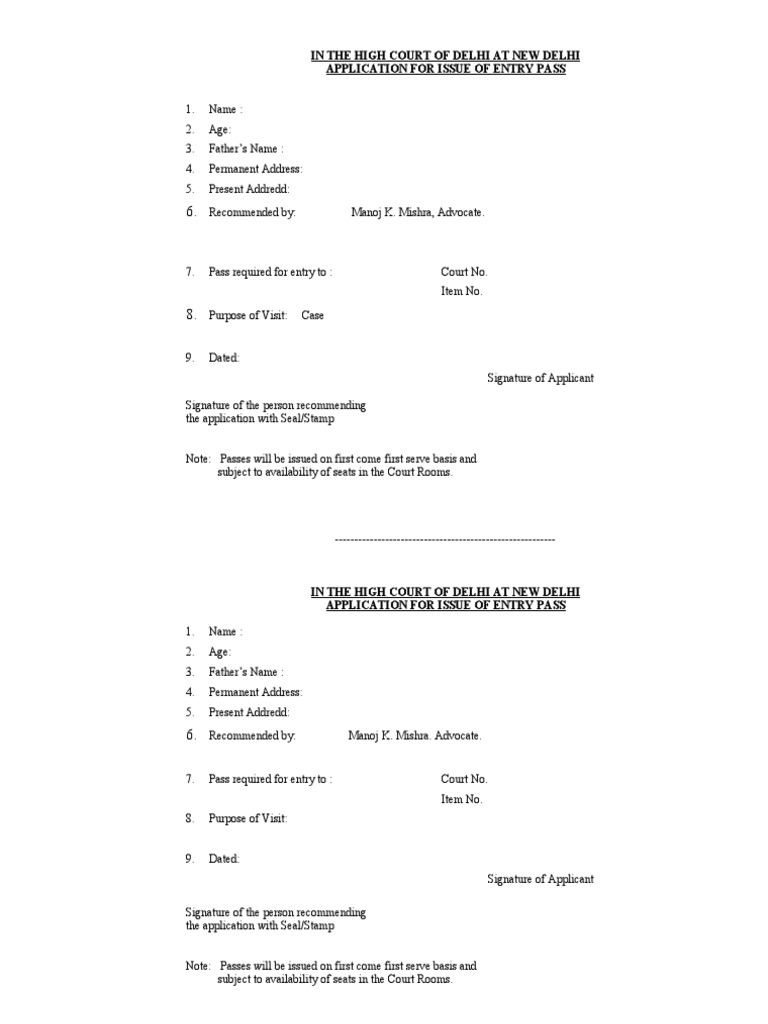 Format High Court Entry Pass Advocate Government