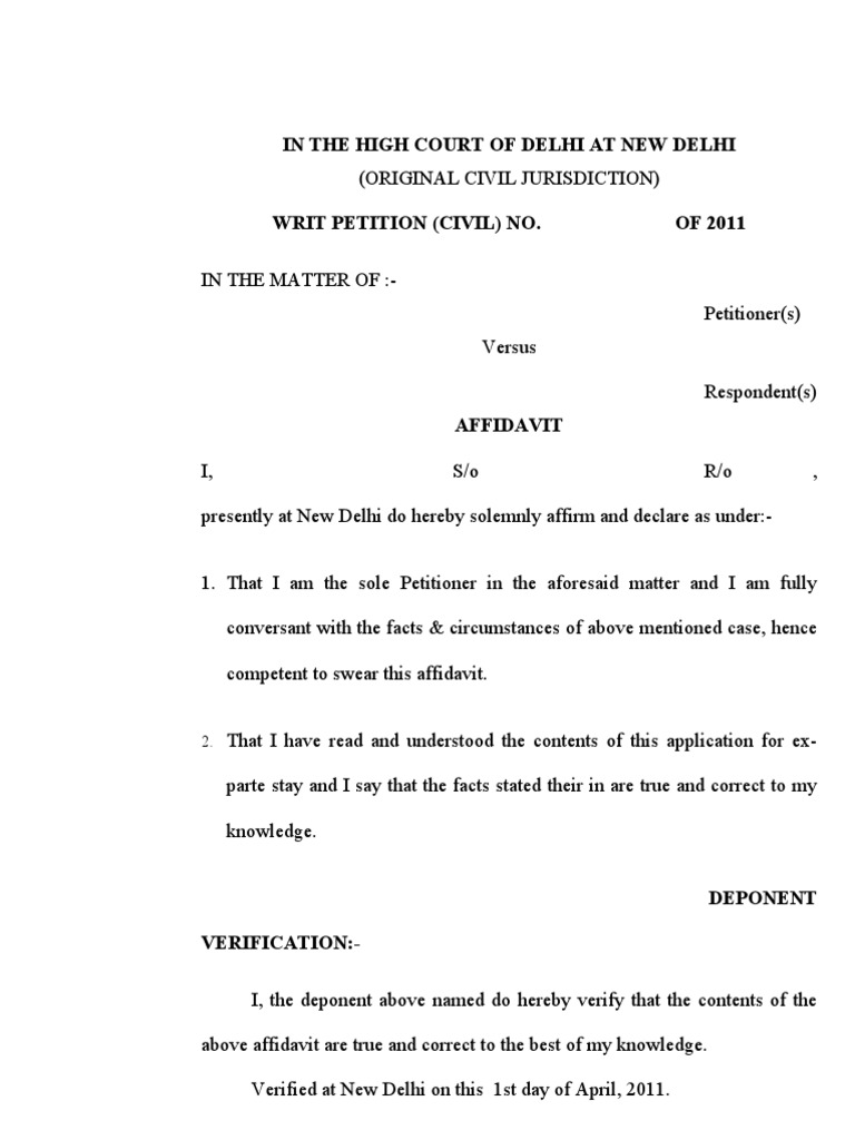 Format of Affidavit For Filing Civil Writ Petition in High Court