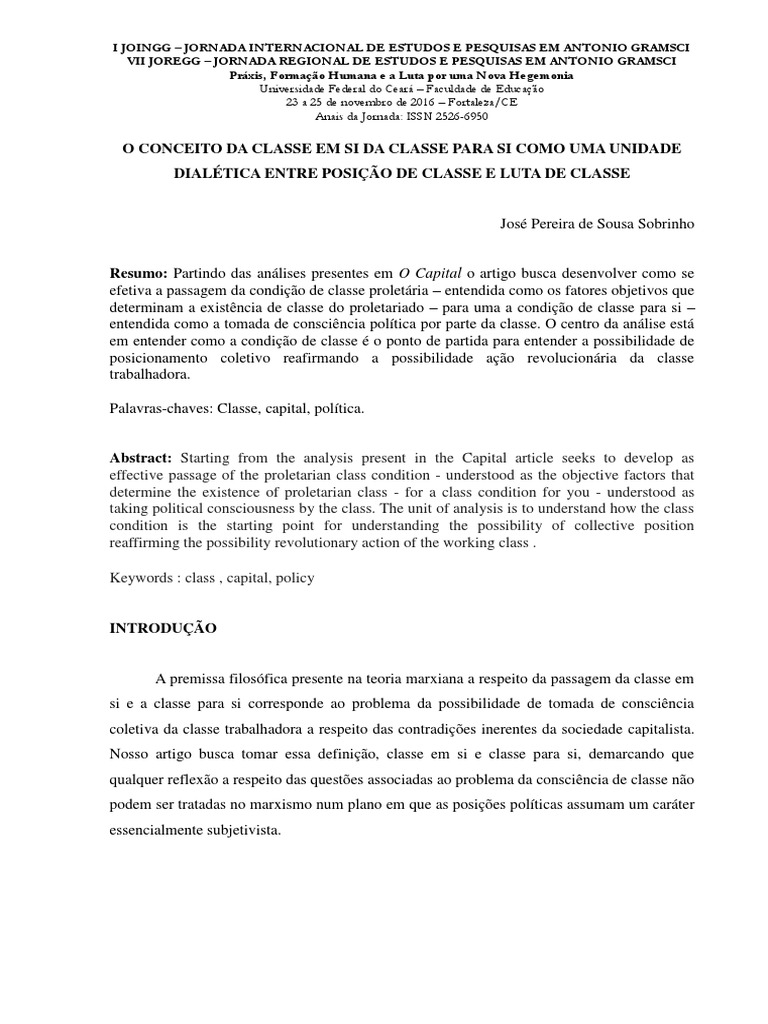 O Conceito Da Classe em Si Da Classe para Si Como Uma Unidade Dialética Entre Posição de Classe