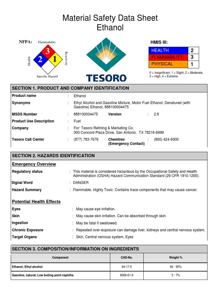 MSDS Ethanol PDF Toxicity Firefighting