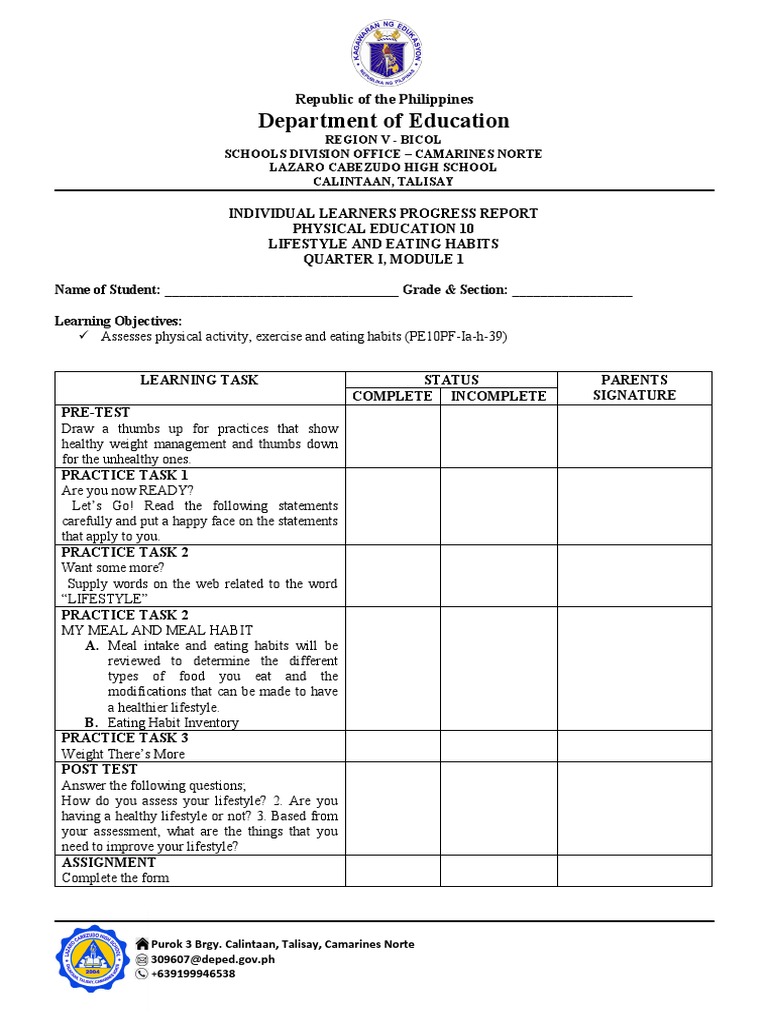 Grade 10 Physical Education Progress Report | PDF | Learning | Physical ...