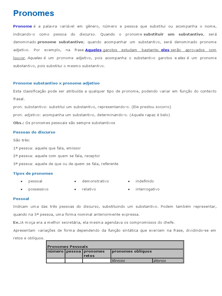 Tipos e Uso dos Pronomes | PDF | Pronome | Assunto (gramática)