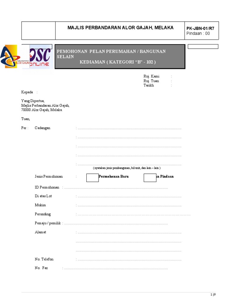 Pk Jbn 01 R7 Permohonan Pelan Bangunan Kategori B 102 Perumahanbangunan Selain Kediaman 2018 Online 0 Pdf