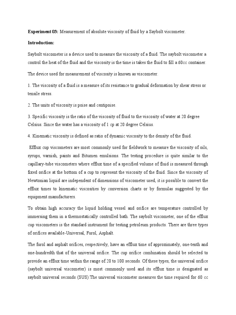 Experiment 03 Measurement of Absolute Viscosity of Fluid by A Saybolt