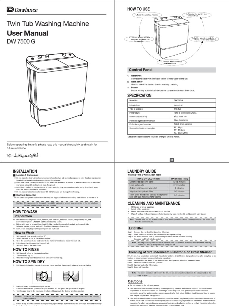 Twin Tub Washing Machine User Manual | PDF | Washing Machine | Equipment