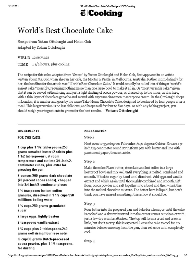 World's Best Chocolate Cake Recipe NYT Cooking PDF Cakes Chocolate