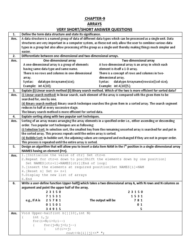 Class 12 Arrays: Key Concepts & Questions | PDF | Array Data Structure ...
