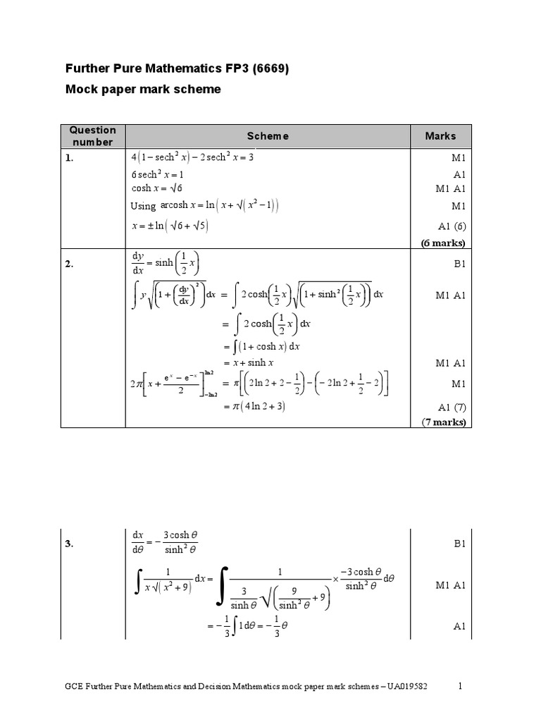FP3 Mock Paper Mark Scheme | PDF | Lie Groups | Hyperbolic Geometry