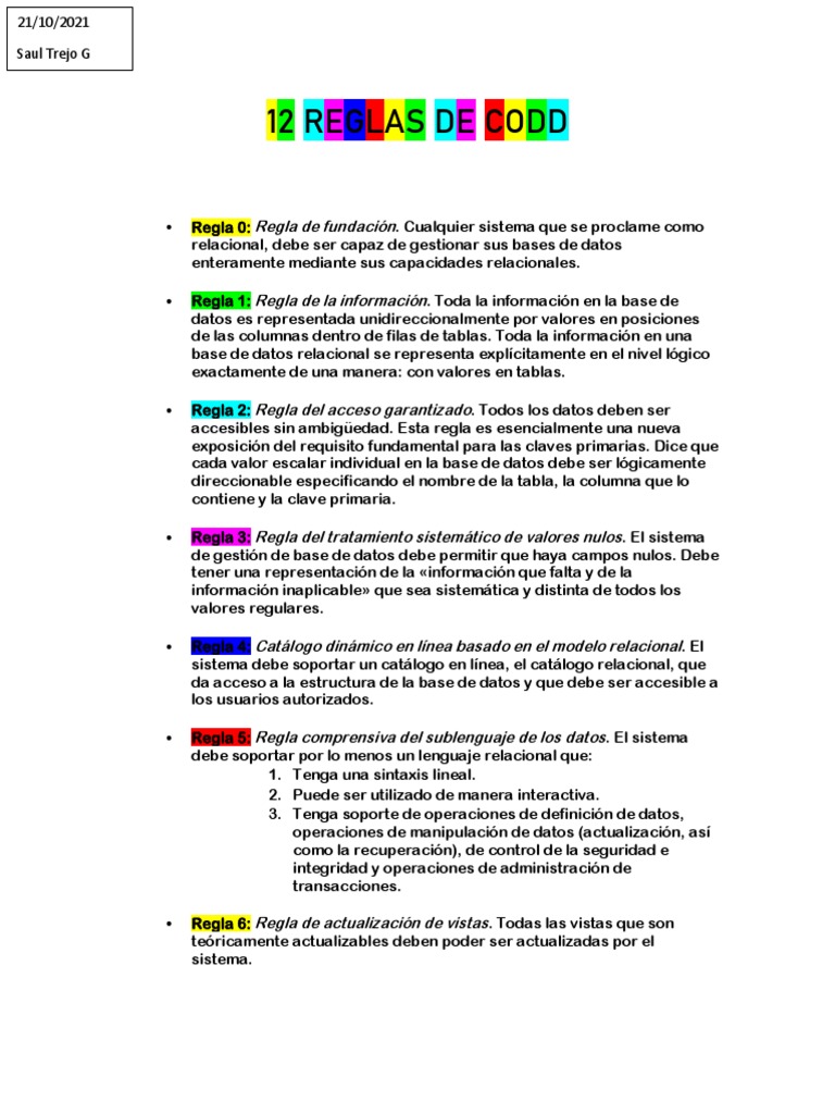 12 Reglas de Codd PDF | PDF | Bases de datos | Base de datos relacional