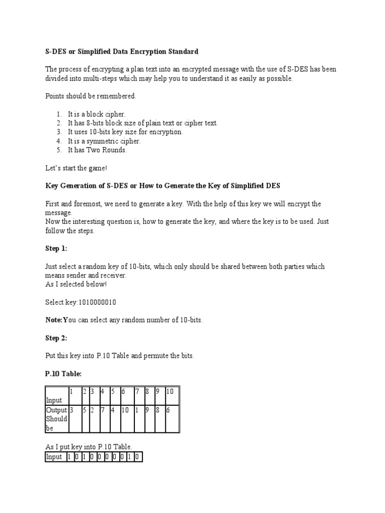 S-DES Key Generation and Encryption Steps | PDF | Key (Cryptography ...