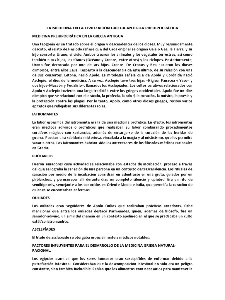 Medicina en la Grecia Antigua | PDF | Mitología griega | Apolo