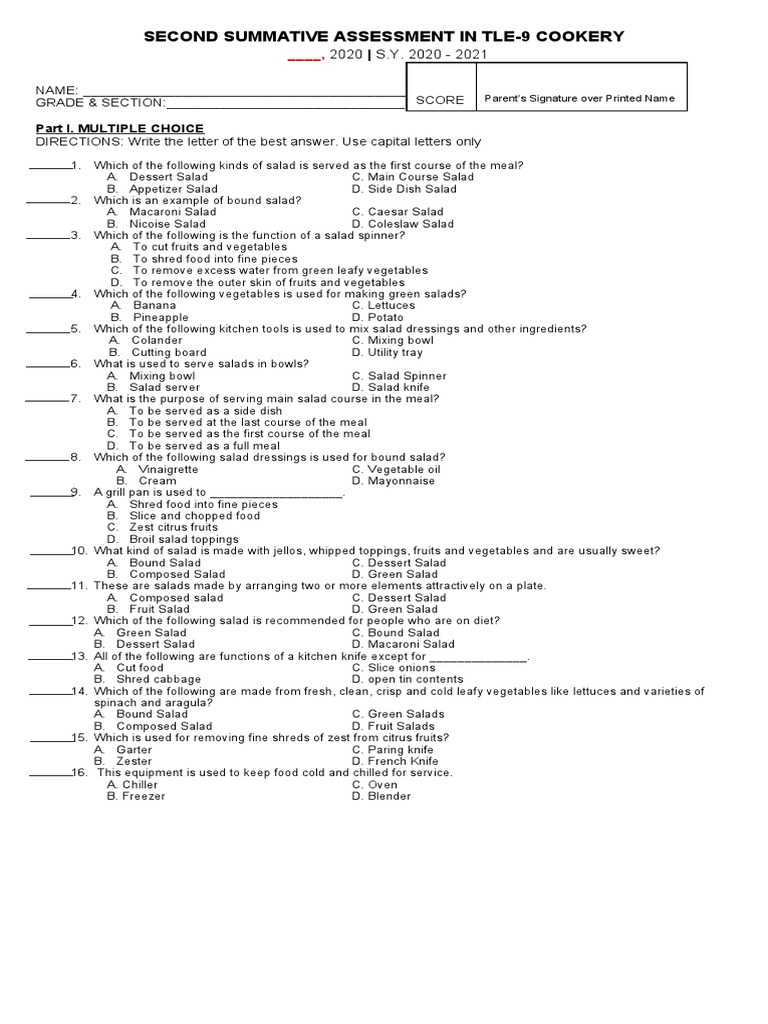 Second Summative Assessment In Tle 9 Cookery Part I Multiple Choice