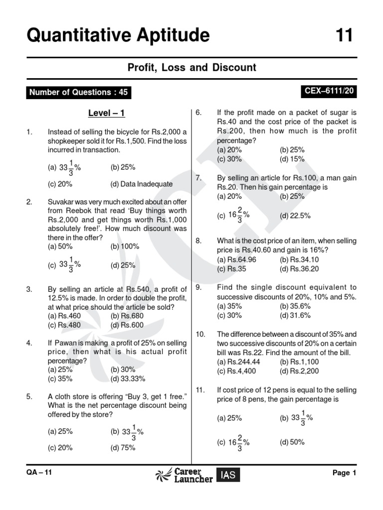 Quantitative Aptitude 11: Profit, Loss and Discount | PDF | Investing ...