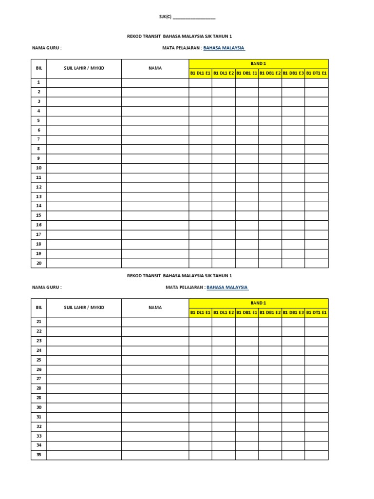 Rekod Transit Bahasa Malaysia Tahun 1 | PDF | Metode & Bahan Ajar