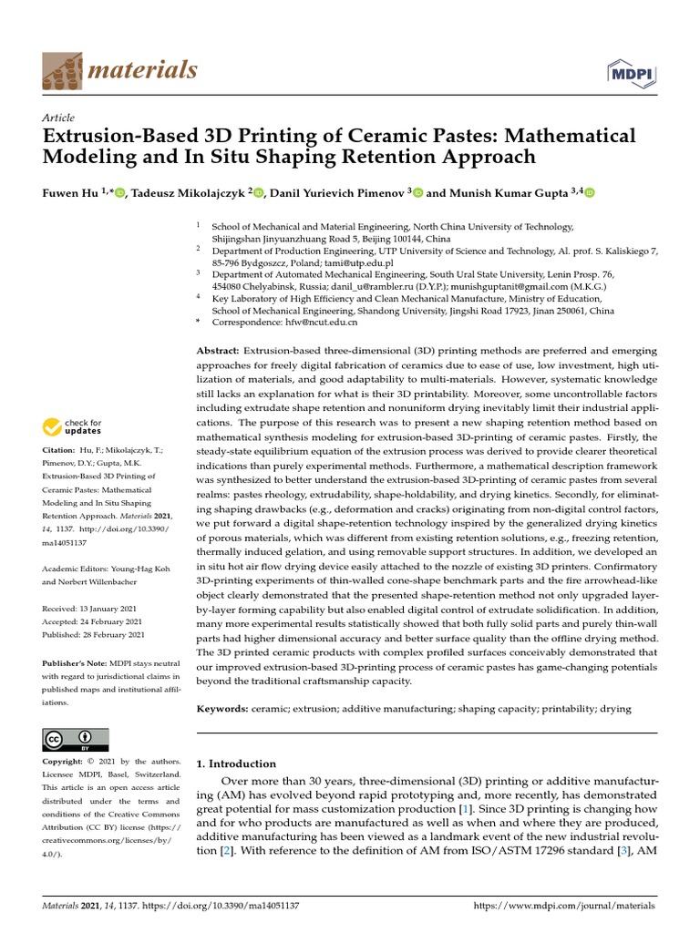 Materials ExtrusionBased 3D Printing of Ceramic Pastes Mathematical Modeling and in Situ
