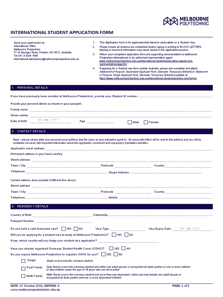 Melbourne Polytechnic App Form | PDF | Travel Visa