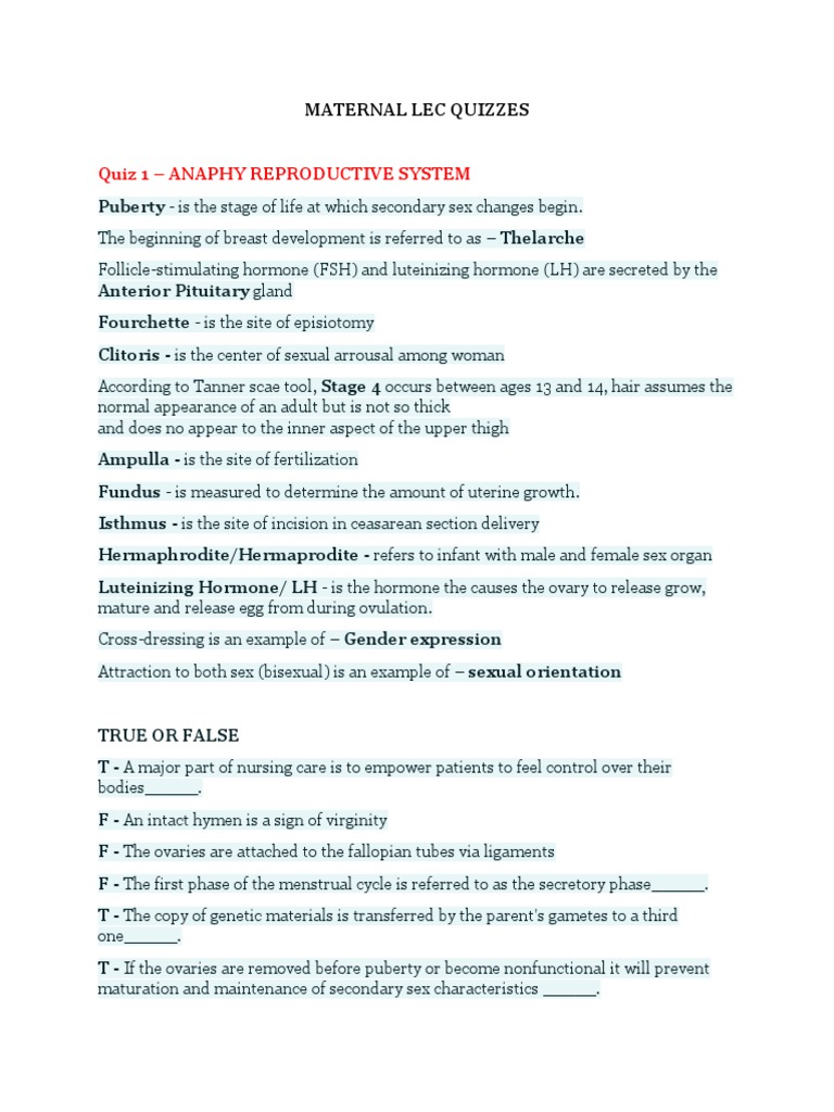 Quiz 1 - Anaphy Reproductive System: Maternal Lec Quizzes | PDF ...