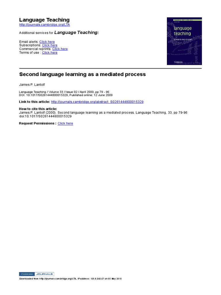 Lantoff J 2000 Second Language Learning As A Mediated Process