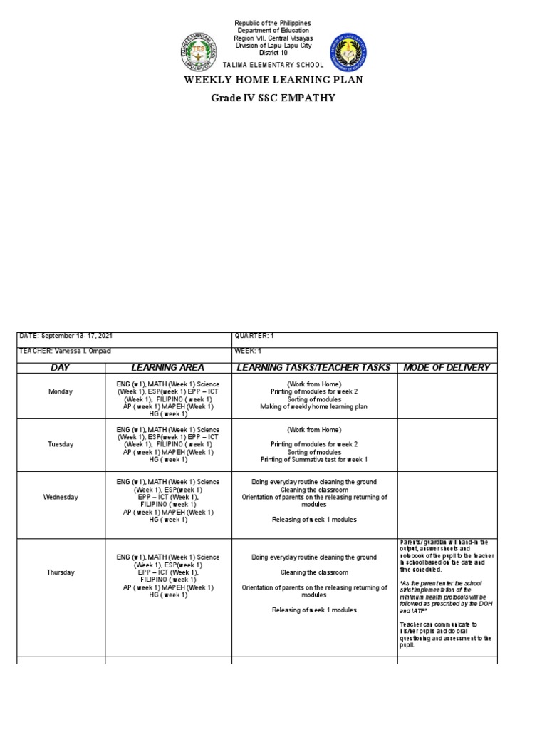 Grade IV Weekly Home Learning Plan | PDF | Educational Technology ...