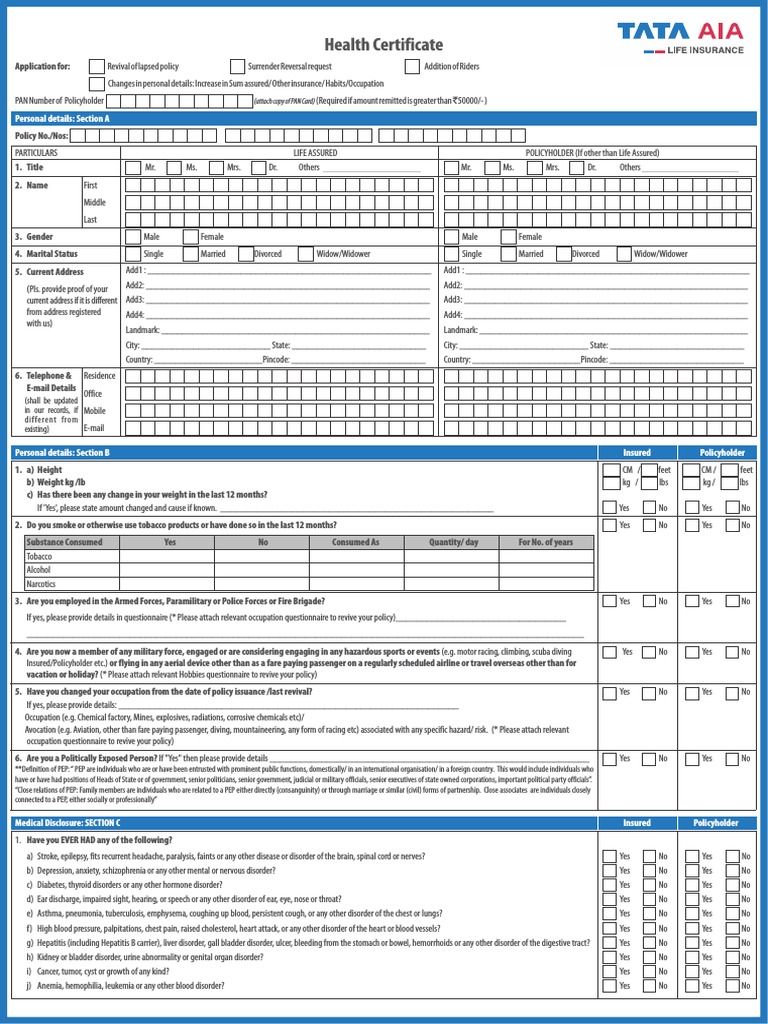 Health Certificate: Personal Details: Section A | PDF | Insurance | Hiv ...
