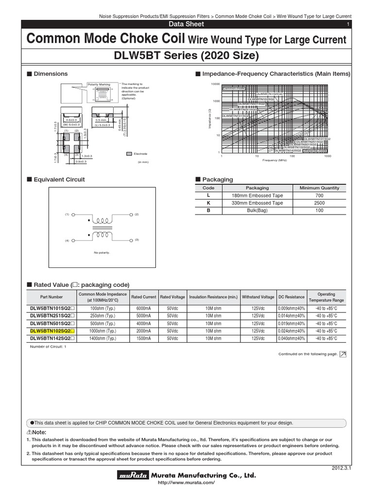 Common Mode Choke Coil Wire Wound Type For Large Current DLW5BT Series