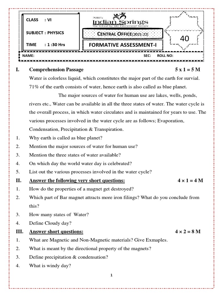 Formative Assessment Test on Physics Water Cycle, and