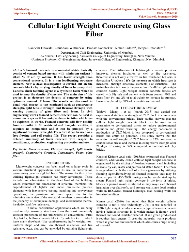 Cellular Light Weight Concrete Using Glass Fiber Pdf Concrete