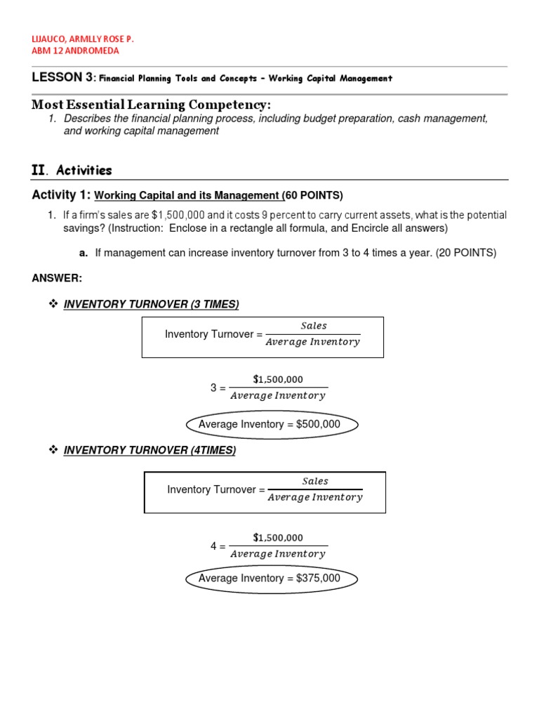 Finance lesson 3 pdf inventory working capital