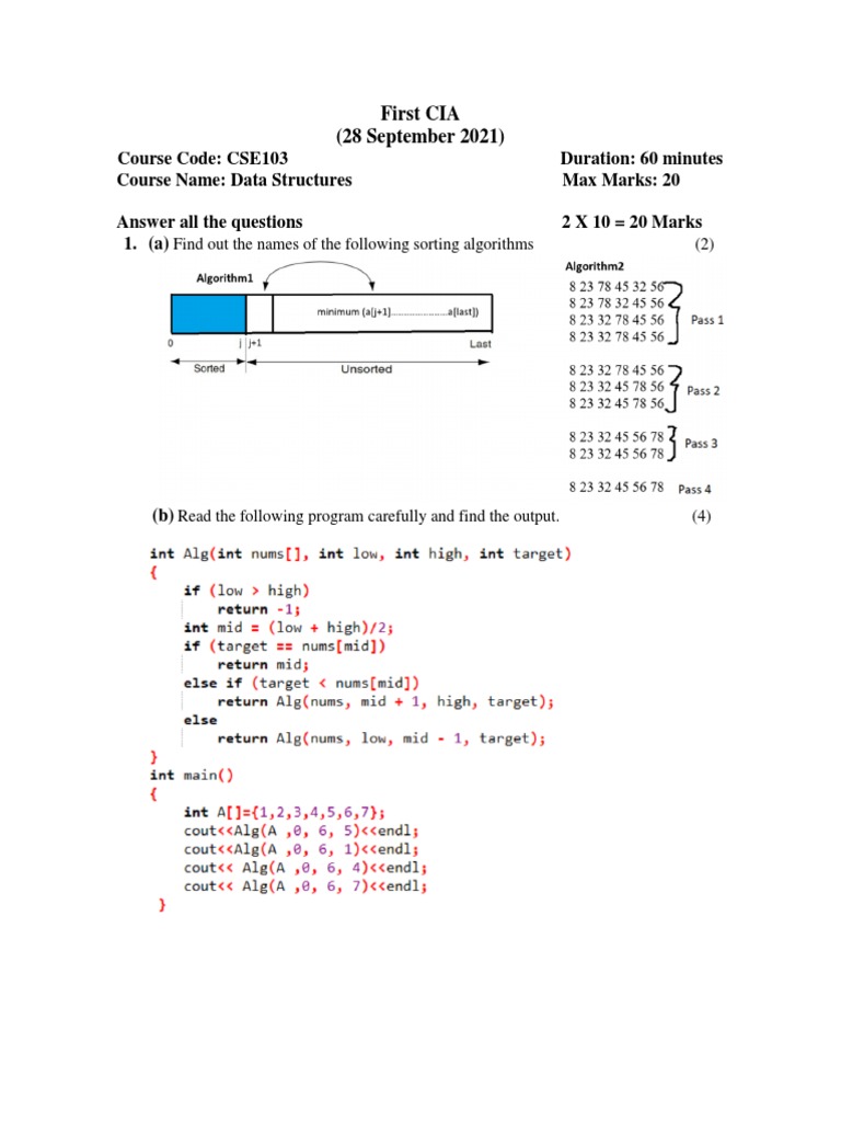 CIA CSE103 Data Structures Exam | PDF
