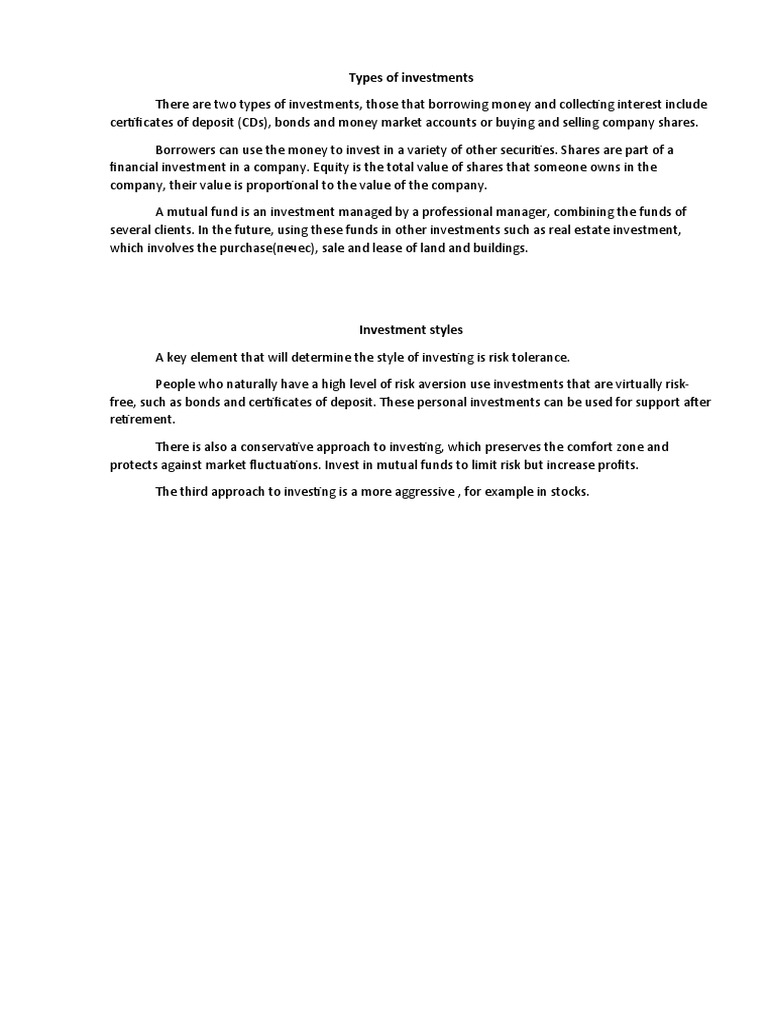Types of Investments Explained | PDF | Business | Finance & Money ...