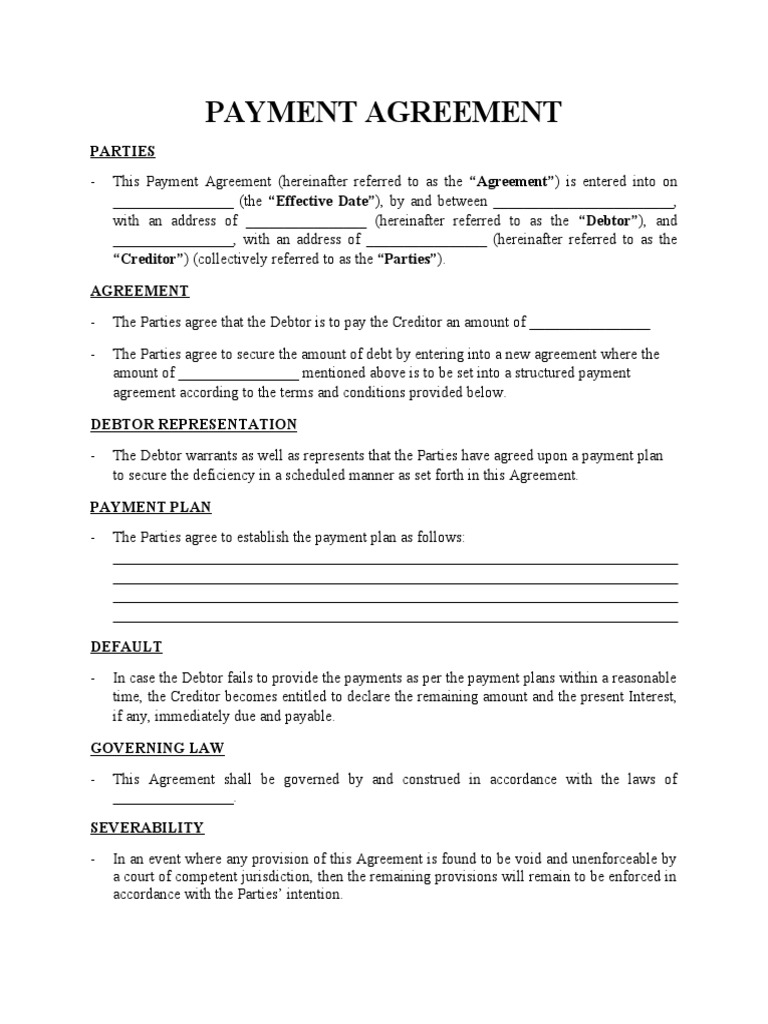 Payment Agreement Template | PDF | Debtor | Civil Law (Legal System)