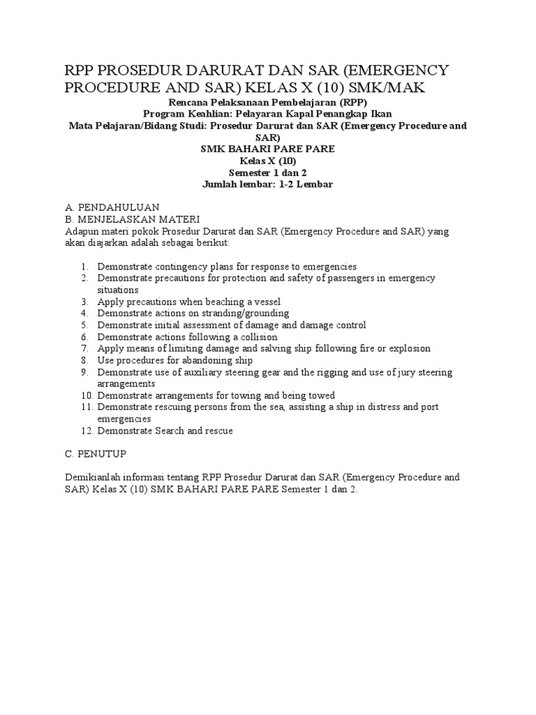 RPP Prosedur Darurat dan SAR Kelas X | PDF | Science & Mathematics ...