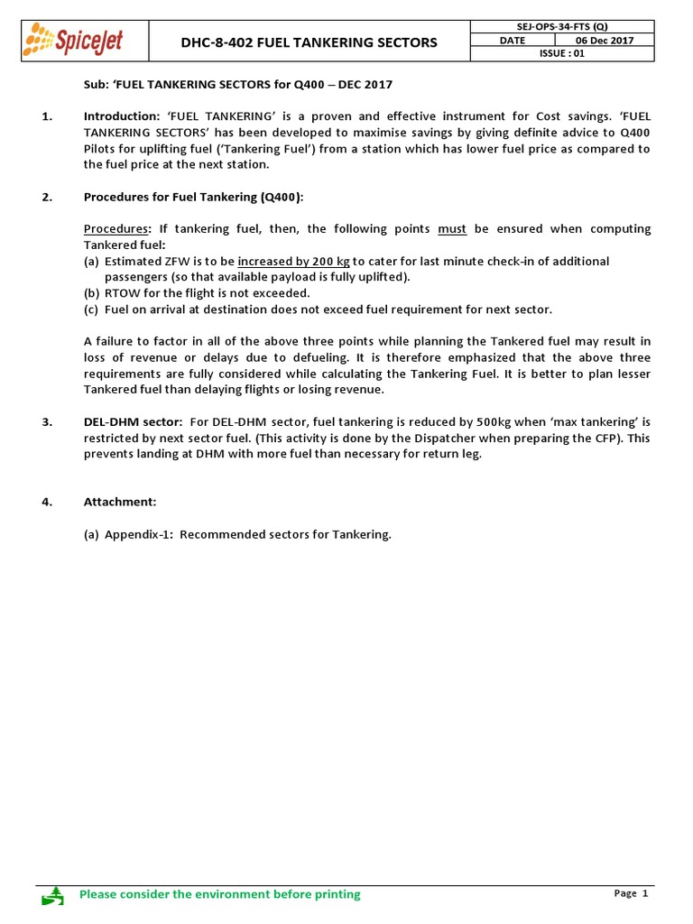 DHC-8 Q400 Fuel Tankering Guidelines | PDF | Aviation | Transport