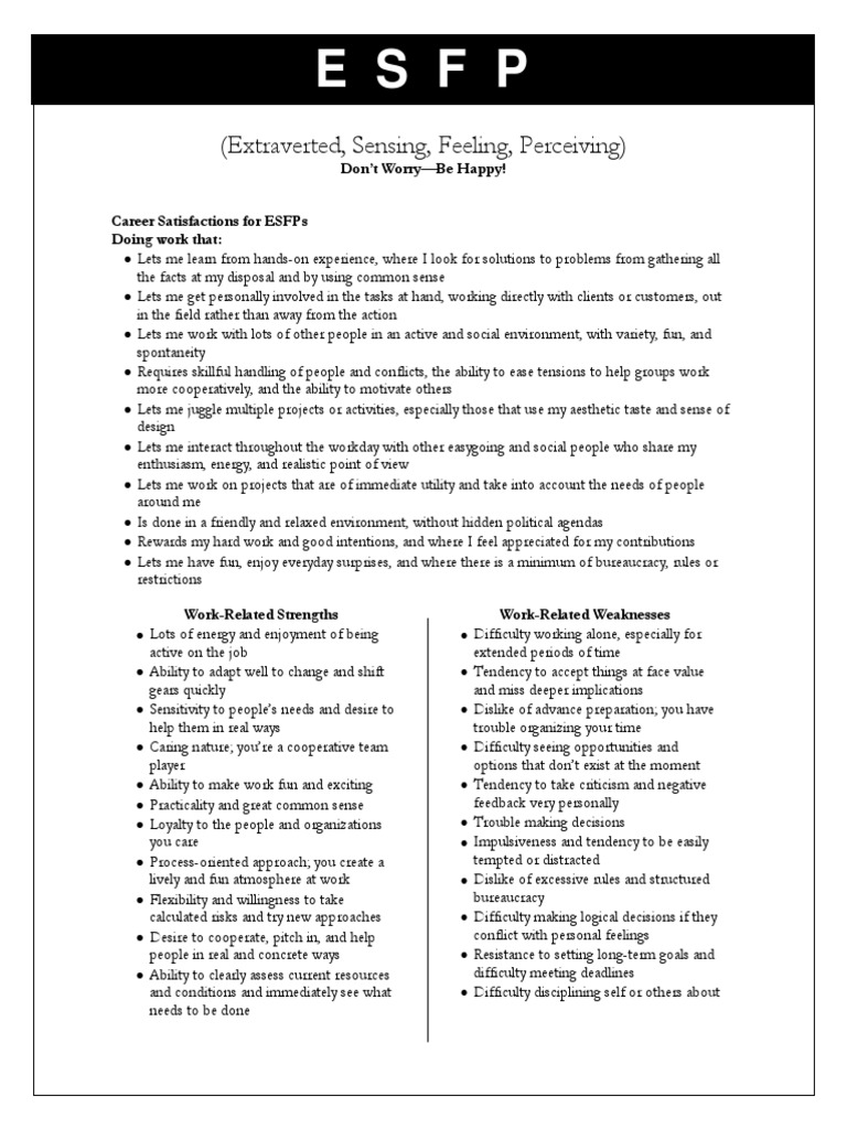 E S F P Extraverted Sensing Feeling Perceiving Pdf