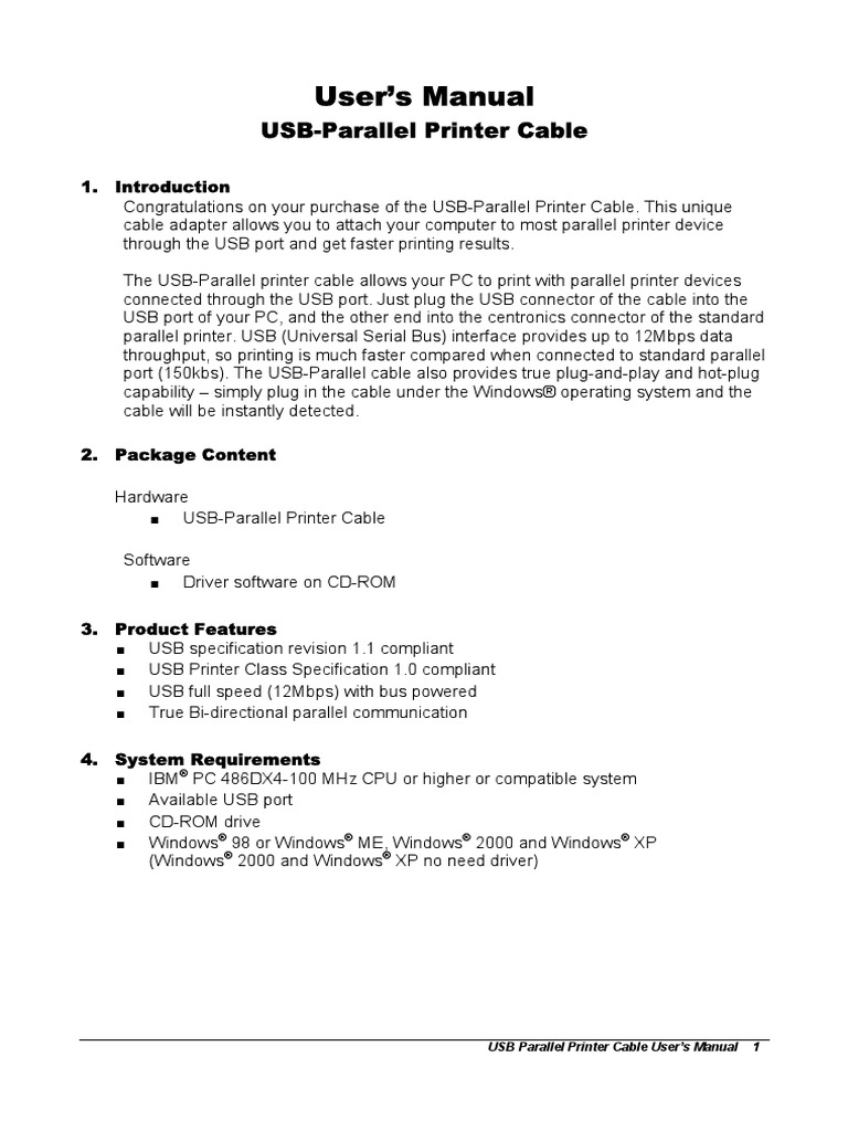 UsbParallel Printer Cable User's Manual PDF Usb Device Driver
