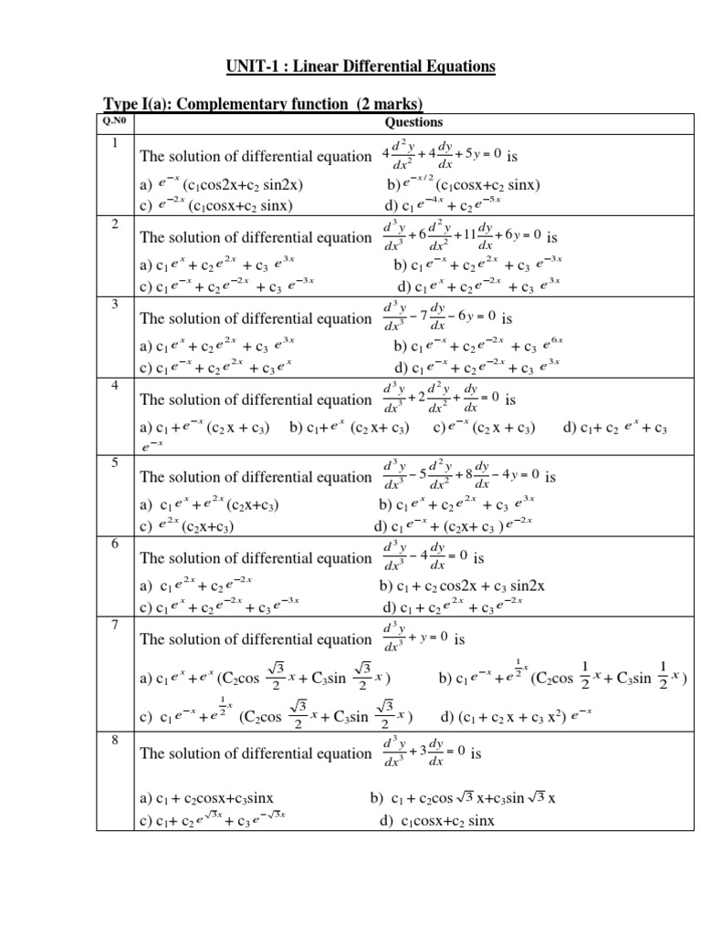 UNIT-1: Linear Differential Equations Type I (A) : Complementary ...