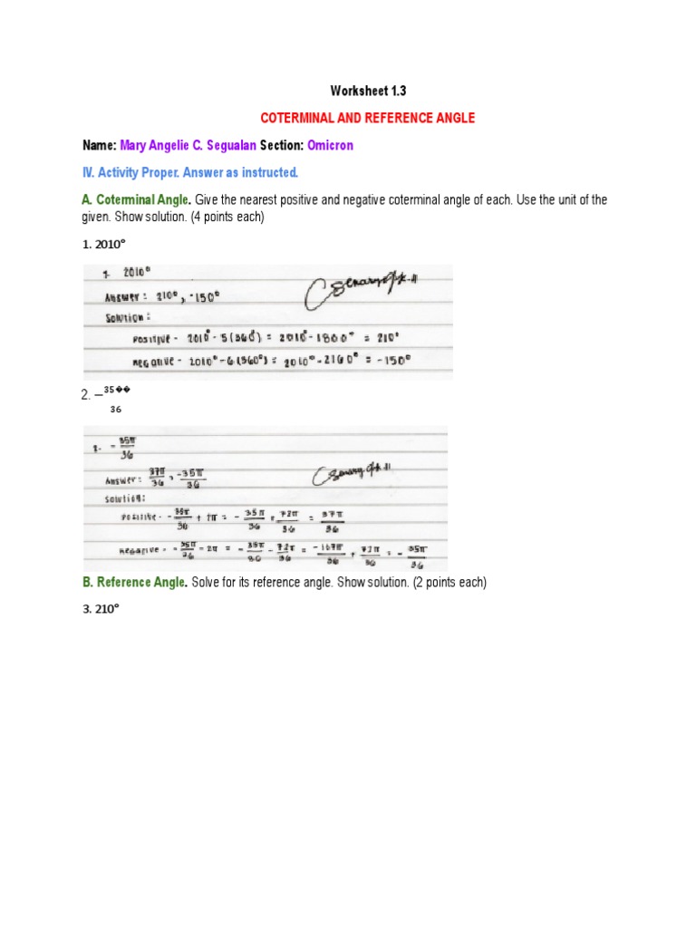 Coterminal and Reference Angle Worksheet | PDF | Angle | Mathematics