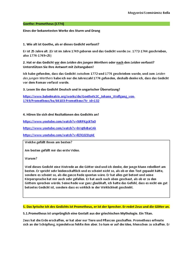 4 Arbeitsblatt Goethe Prometheus | PDF