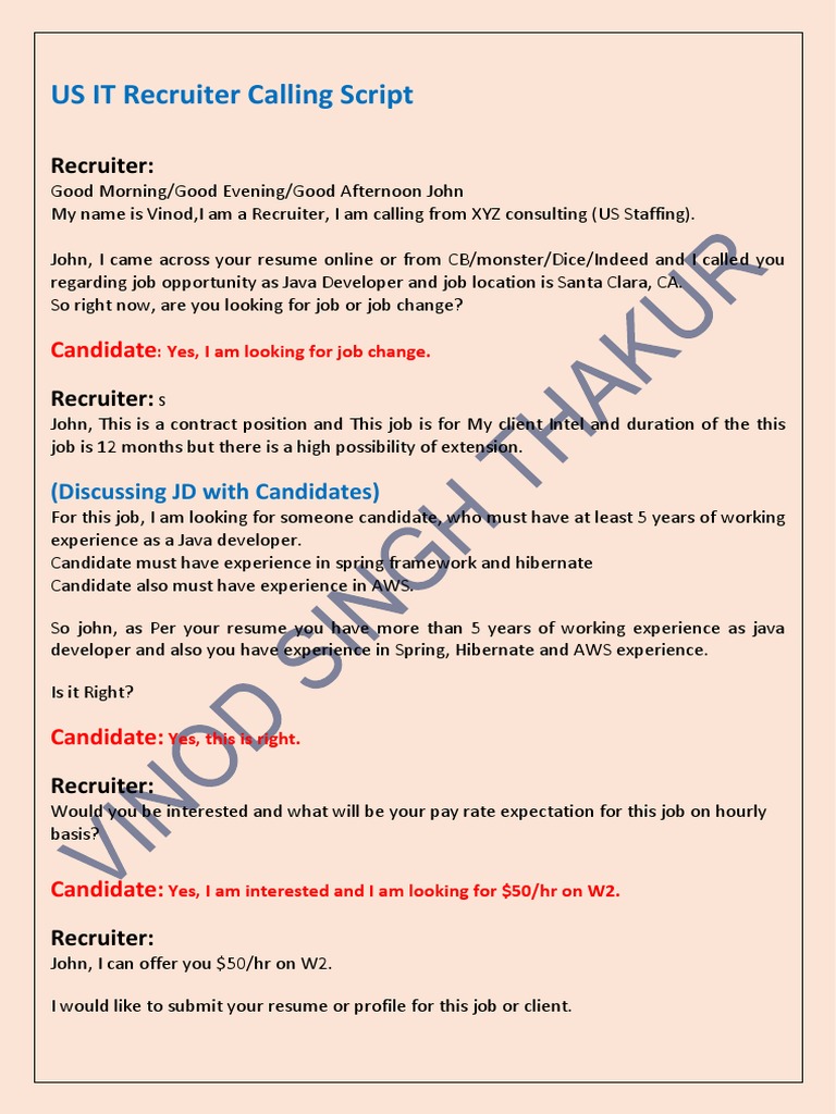 US IT Recruiter Calling Script | PDF | Recruitment