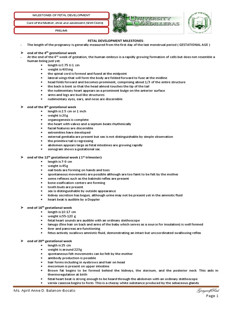 Milestones of Fetal Development PDF | PDF | Fetus | Prenatal Development