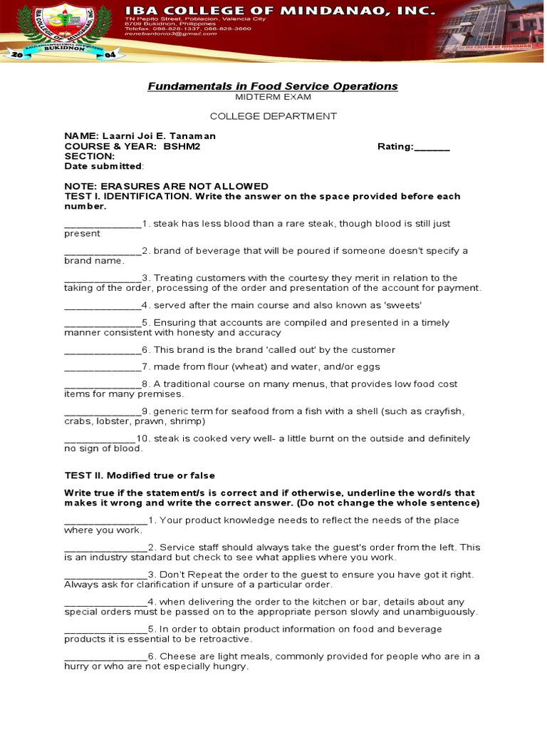 Food Service Operations Midterm Exam | PDF | Foods | Menu