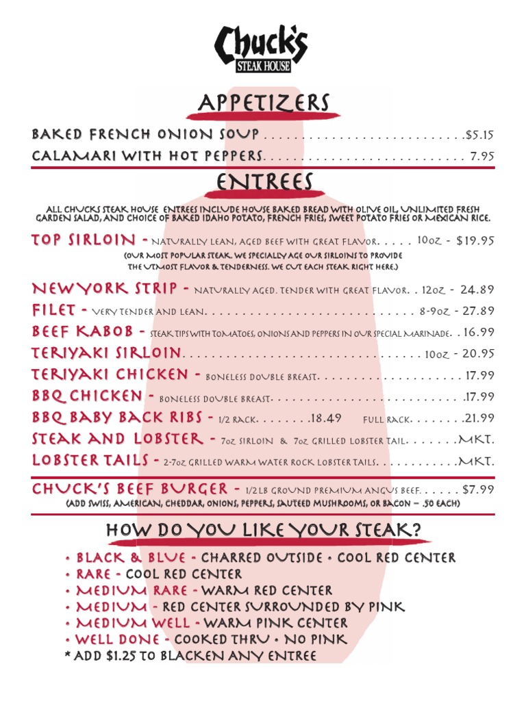 Chuck's Steakhouse Menu Highlights | PDF | California Wine | Fermented ...