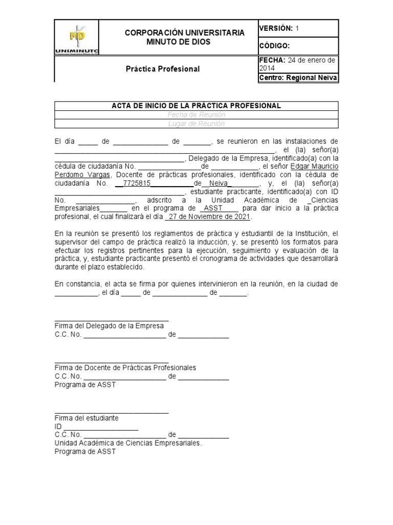 Acta de Inicio de Práctica Profesional | PDF