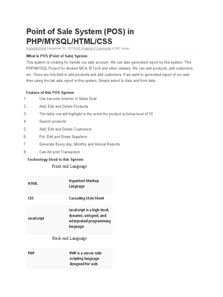 Point of Sale System (POS) in Php/Mysql/Html/Css | PDF | Php | Internet ...