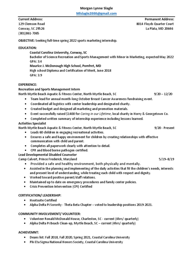 Morgan Lynne Slagle Resume | PDF | Wellness