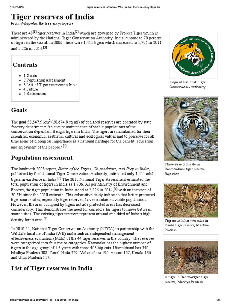 Tiger Reserves of India: From Wikipedia, The Free Encyclopedia | PDF ...