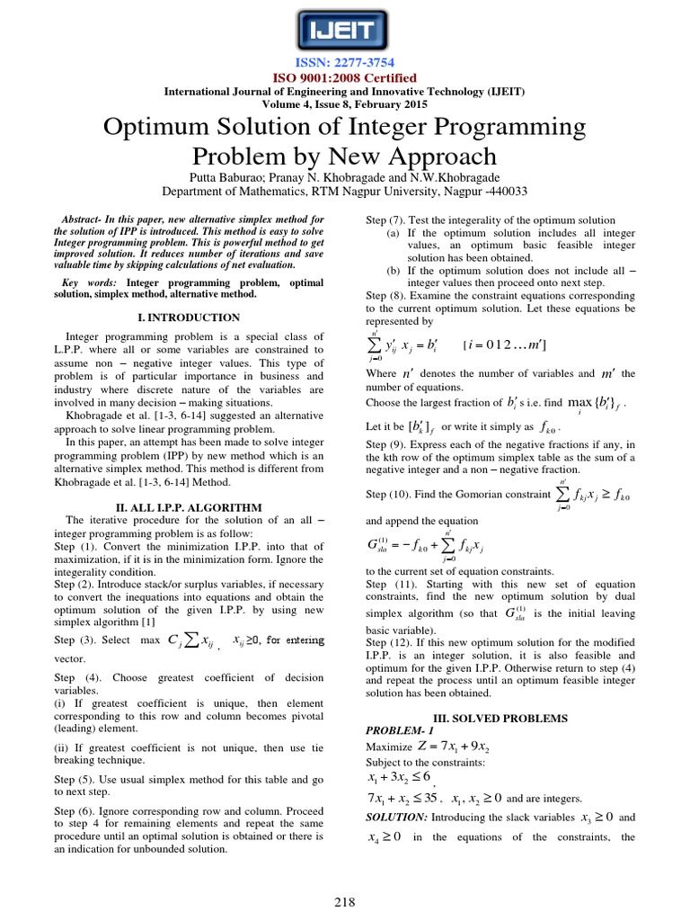 Optimum Solution of Integer Programming Problem by New Approach | PDF ...