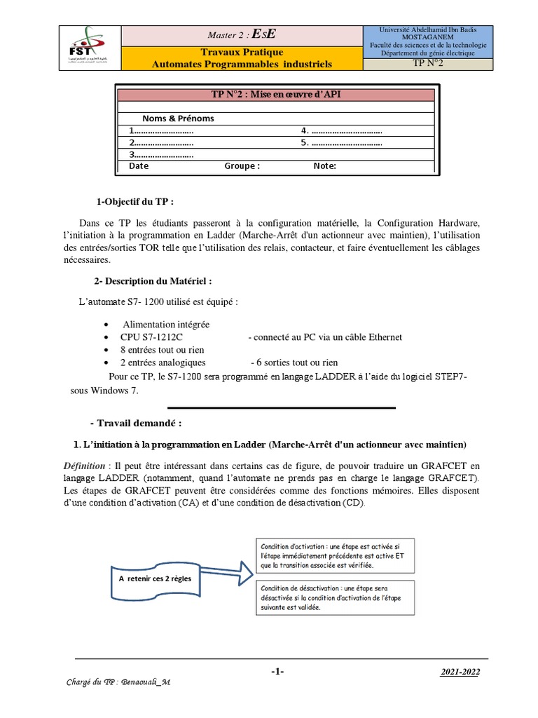 TP N°2 - Mise en Oueuvre D API | PDF | Interrupteur | Automate ...